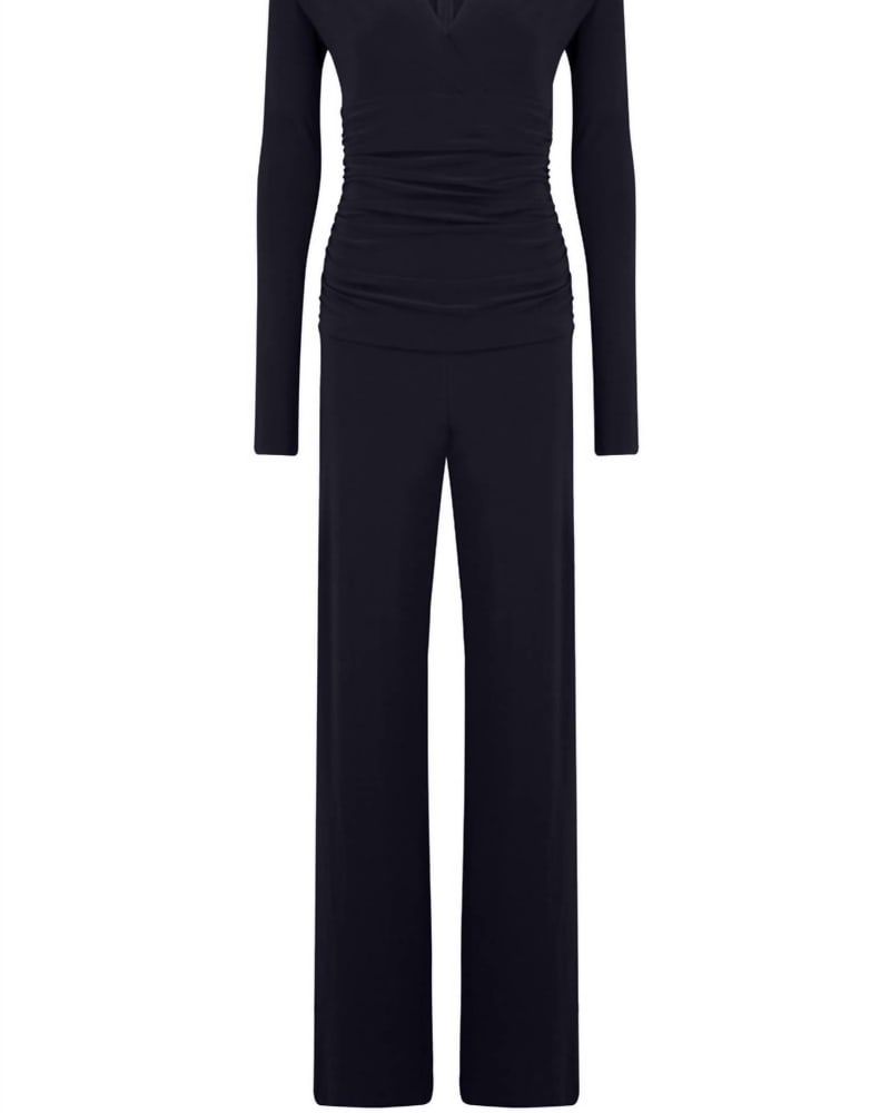 Front of a model wearing a size XL V Neck Longsleeve Shirred Waist Jumpsuit In Midnight in Midnight by NORMA KAMALI. | dia_product_style_image_id:356339